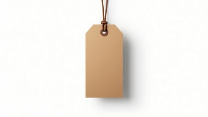 Cardboard label in brown color featuring a slim genuine leather cord, isolated