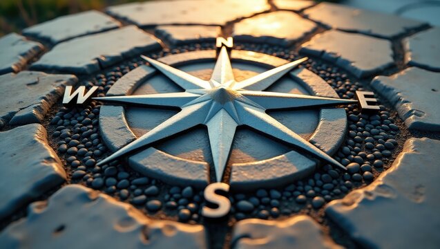 Decorative compass placed on the cement surface, for determining direction.