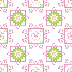 Seamless floral tile pattern with pink and green ornamental details on a light background. Inspired by vintage ceramic tiles, perfect for wallpapers, textiles, packaging, and decorative designs.