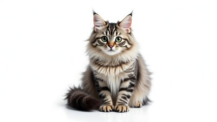 Fototapeta premium Front view of a Curl cat sitting and looking at the camera, isolated against a white background.