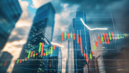Double exposure of an abstract financial graph set against the backdrop of office buildings, forex and investment theme.