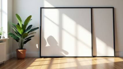 Fototapeta premium Frame mockup poster resting on the wooden floor in the living room corner against the white wall with plant decor.