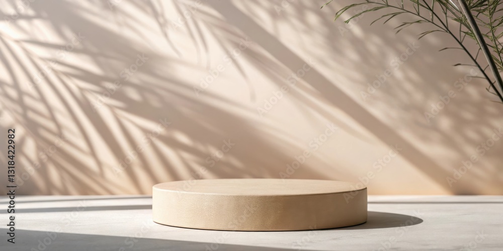 Aufkleber minimalist product display with soft sunlight and natural light shadows on a neutral background