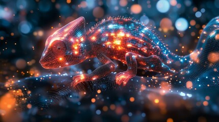 The big data visualization is strikingly represented by the neon-colored digital chameleon