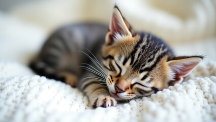 Cute tabby kitten resting on a soft white blanket. Cats napping on a bed. Comfortable pets sleeping in a cozy home.