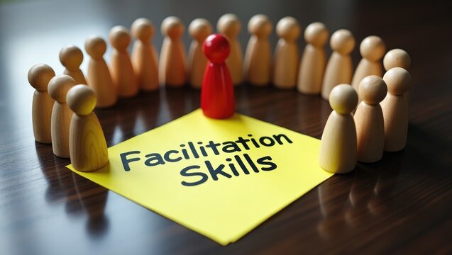 Teamwork symbolized by wooden figurines in a concept of Facilitation skills.