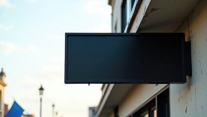 An unoccupied black sign located in a commercial outdoor setting, serving as a blank canvas ideal for advertising or directional messages. The environment suggests a retail ambiance.