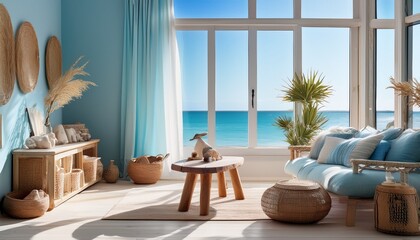 Obraz premium Serene coastal living room with soft blue tones, driftwood accents, and seashell décor placed by the window. Natural light floods the space.