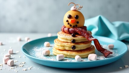 Obraz premium Funny snowman breakfast pancakes and bacon designed for children