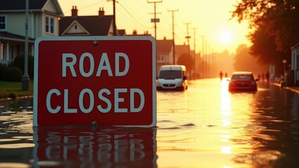 A 'Road Closed' sign partially submerged in floodwater illuminated by the sun.