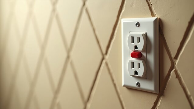 Ground fault interrupter electrical receptacle and wall plate. Residential electric socket plug featuring a reset button.