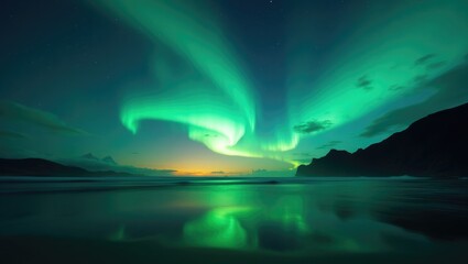 Naklejka premium Sunset Aurora Northern lights dancing above a stunning sunset by the renowned beach in the archipelago.