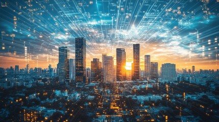 Fototapeta premium The skyline of Milan, Italy features modern, sleek buildings that ascend towards the sky, glowing with vibrant hues that capture the city's lively spirit