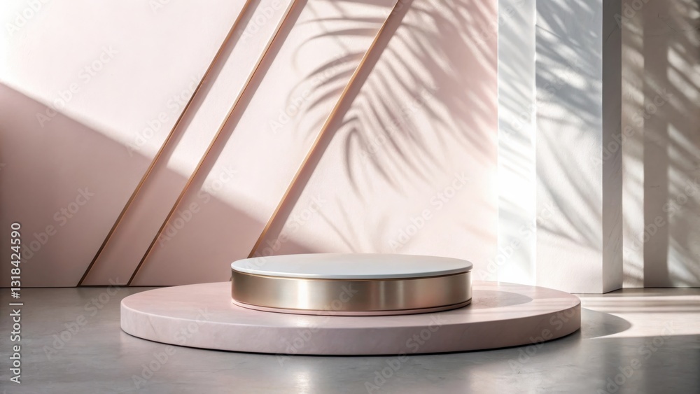 Aufkleber Modern Minimalist Product Display with a White and Gold Podium on a Pink Background with Leaf Shadows