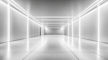 Obraz premium Modern White Room Design: Empty Space on Grey Wall Background with Vertical Light Slits in Ceiling, Perfect for Interior Photography.