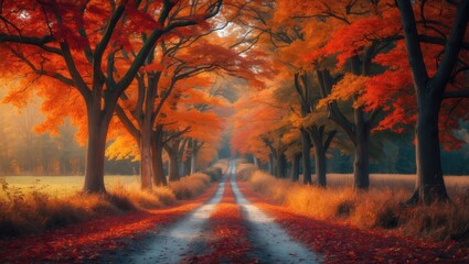 Fototapeta premium Autumn forest featuring a country road. A vibrant landscape filled with colorful trees, a rural path, and orange and red foliage. Autumn scenery showcasing stunning forest with lively leaves.