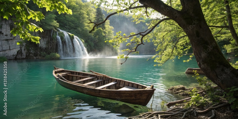 Poster a wooden boat floats on tranquil turquoise waters, a cascading waterfall in the background with dapp