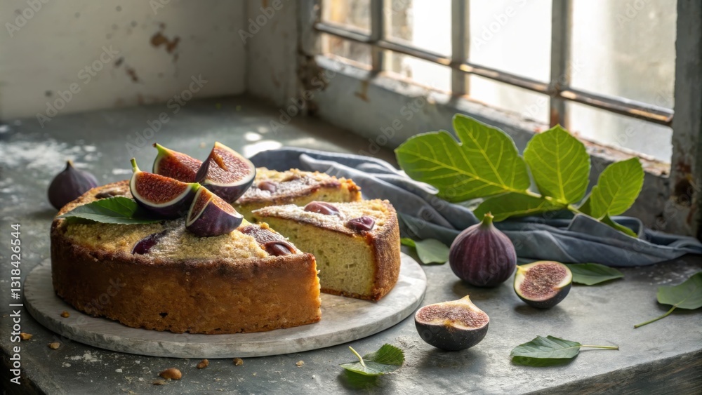 Poster a freshly baked fig cake with a rustic charm and a slice cut out, ready to be enjoyed