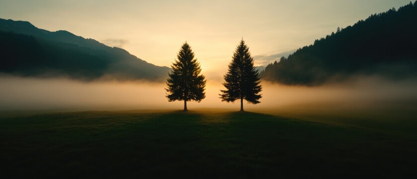 Majestic Sunrise with Twin Trees in Misty Mountain Landscape