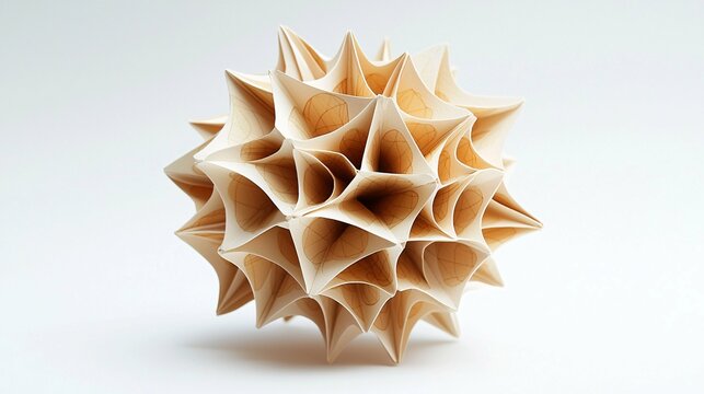 A folded paper hyperbolic paraboloid design featuring intricate geometric shapes and textures that merge artistry with mathematical precision against a white backdrop.
