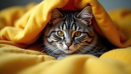 Naklejka premium The gray Scottish Fold cat wearing a black stripe is resting on a bed with a yellow plaid. Concept of staying home in the morning. Adorable and humorous cat.