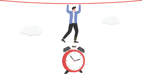 An illustration of a businessman hanging on a rope with a clock hanging to his feet

