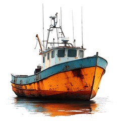 Old red fishing boat floating in the ocean near the coast