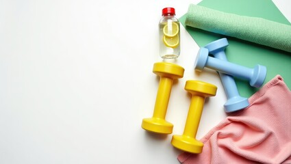 Obraz premium Fitness arrangement featuring bars, a bottle of water, towel, and wrist builder on a white background from a top-down perspective.
