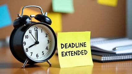 Business concept. An alarm clock features a sticker with a message. Office supplies are visible in a blurred background.