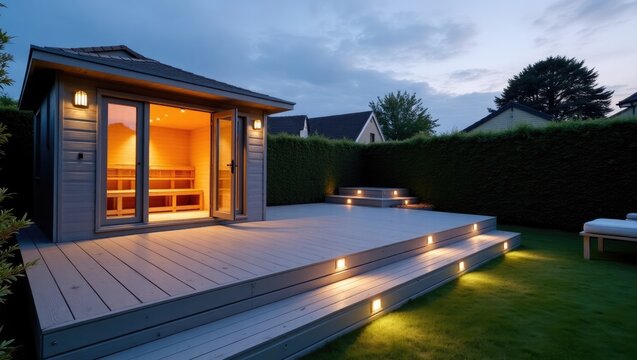 Ash grey composite decking constructed on two levels in a back garden featuring low voltage deck lights as well. Ideal image for a landscape gardener.