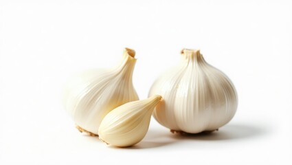 Obraz premium Front view of peeled white garlic cloves isolated against a background with a clipping path.