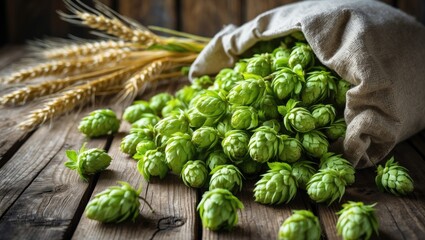 Harvested green hop cones in a linen bag alongside barley ears on a rustic wooden table surface. Beer concept. Background for brewery products.