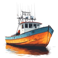 Old red fishing boat floating in the ocean near the coast