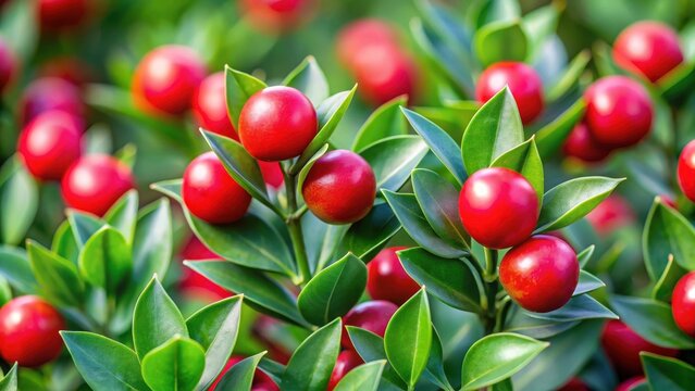 Close-up of Ruscus aculeatus sprouts with red berries, lush green foliage and tiny red berries, berry, nature