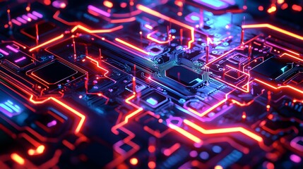 Obraz premium A radiant circuit board design lit up in vibrant neon shades highlights complex links and its electronic parts, making