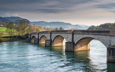 Fototapeta premium Rhine River Germany ,Europe Stone Arch Bridge over River, Cloudy Landscape