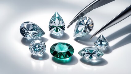 Five Varied Diamond Shapes Held with Tweezers on White Background