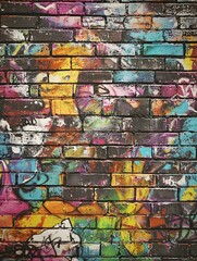 Vibrant graffiti sprawls across a rugged brick wall, bursting with eye-catching spray paint designs that