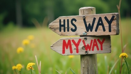 Way of life of God Jesus Christ, handwritten text on a wooden sign in nature. Path, journey, obedience and guidance. Close-up.