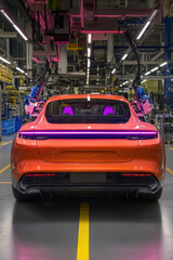 Obraz premium Sleek Electric Car in High-Tech Manufacturing Facility with Robotic Arms
