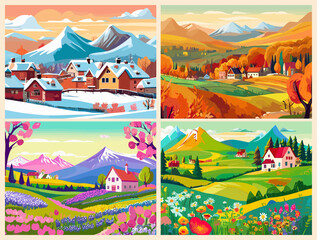Naklejka premium Set of four seasons backgrounds, banners. Winter, spring, summer, autumn nature landscapes. Colorful backdrops, covers with trees, mountains, village houses. Vector art illustrations.
