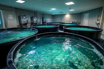 Aquaculture Tanks With Turquoise Water Inside Research Facility