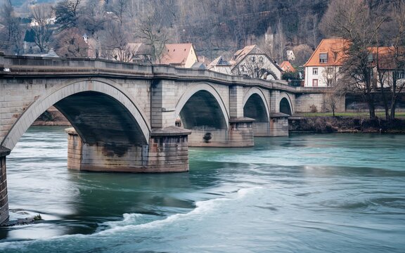 Rhine River Germany ,Europe Old stone bridge over river in European town