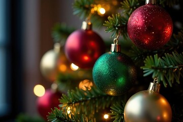 Fototapeta premium Sparkling garland balls on a decorated Christmas tree topper, lights, topper, decoration