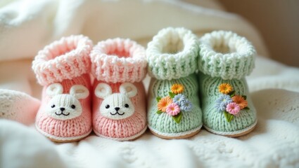 Fototapeta premium Pink and green knitted children's shoes displayed on a white background featuring copy space. First birthday banner, handmade socks, warm clothing for babies, and knitted handmade socks.