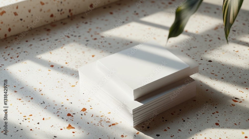 Poster Sunlight pours into a cozy workspace, illuminating a neat stack of blank papers resting on a beautifully textured table. Green leaves gently frame the scene, adding a touch of nature