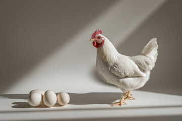 Close-up details of a chicken standing near fresh eggs on a bright white background with soft sunlight.