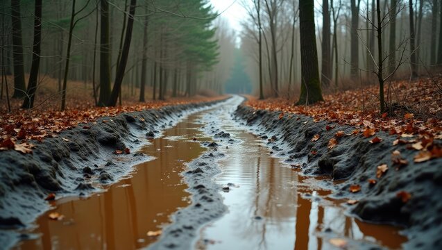 Forest path featuring large swamp puddles filled with murky water. Stunning forest scenery. Stroll through the springtime forest.