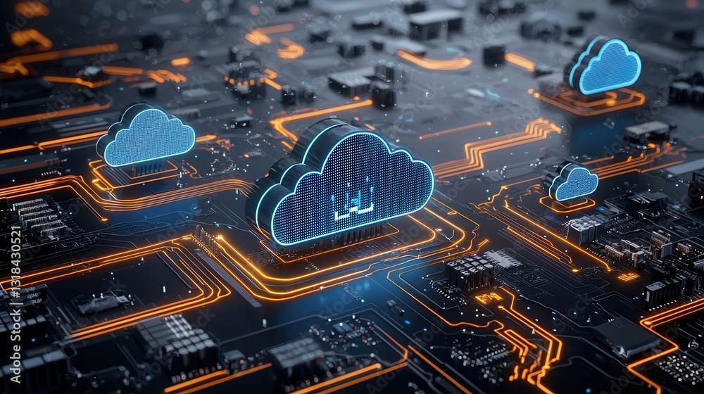 Poster cutting edge futuristic cloud computing scene with glowing digital circuits and interconnected techn