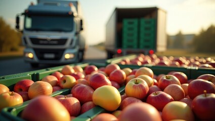 Fruit and food distribution. A truck filled with containers of apples prepared for delivery to the market.